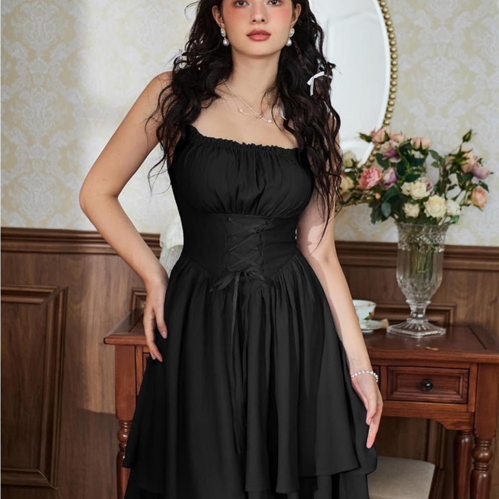 Scarlet Darkness Renaissance Dress Women Chiffon Spaghetti Strap Corset Dress - Picture 2 of 9